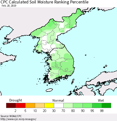 Korea CPC Soil Moisture Ranking Percentile (Leaky Bucket) Thematic Map For 2/16/2019 - 2/20/2019