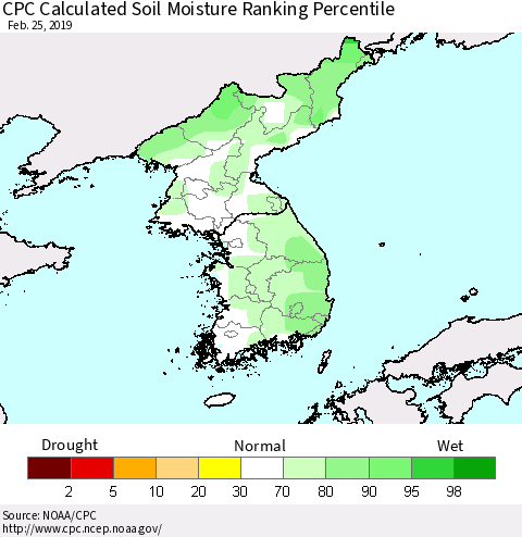 Korea CPC Soil Moisture Ranking Percentile (Leaky Bucket) Thematic Map For 2/21/2019 - 2/25/2019