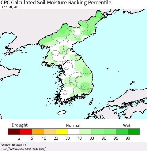 Korea CPC Soil Moisture Ranking Percentile (Leaky Bucket) Thematic Map For 2/26/2019 - 2/28/2019
