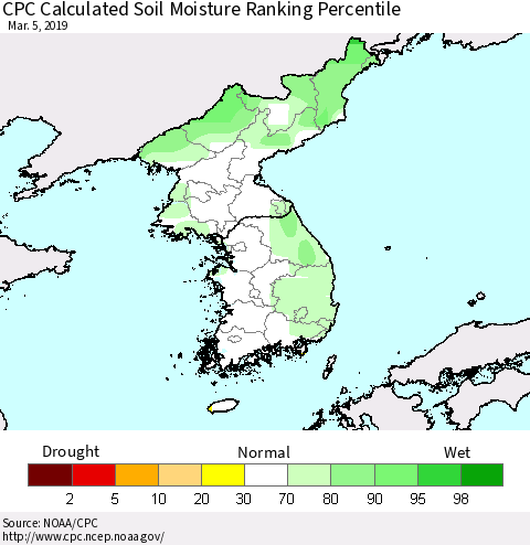 Korea CPC Soil Moisture Ranking Percentile (Leaky Bucket) Thematic Map For 3/1/2019 - 3/5/2019