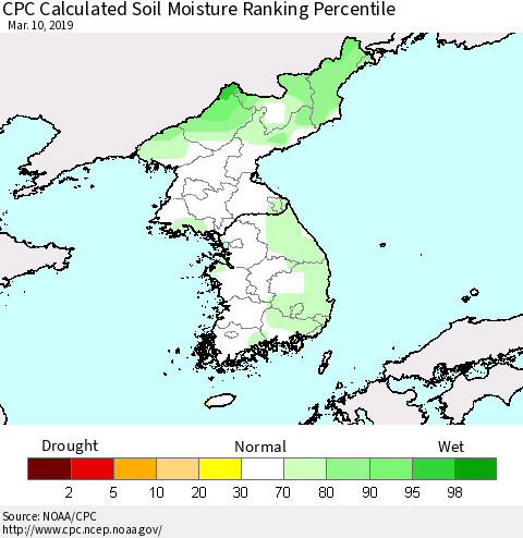 Korea CPC Soil Moisture Ranking Percentile (Leaky Bucket) Thematic Map For 3/6/2019 - 3/10/2019