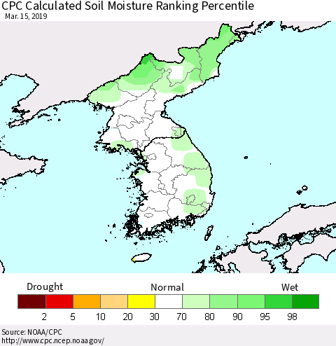Korea CPC Soil Moisture Ranking Percentile (Leaky Bucket) Thematic Map For 3/11/2019 - 3/15/2019