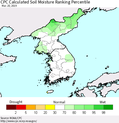 Korea CPC Soil Moisture Ranking Percentile (Leaky Bucket) Thematic Map For 3/16/2019 - 3/20/2019
