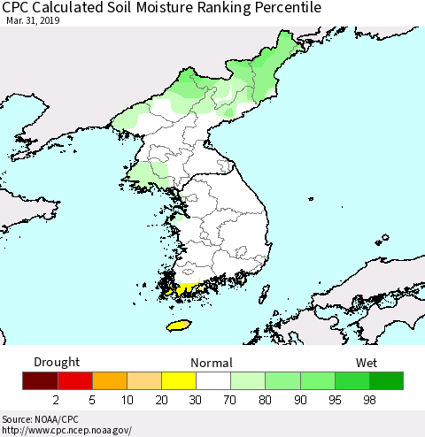 Korea CPC Soil Moisture Ranking Percentile (Leaky Bucket) Thematic Map For 3/26/2019 - 3/31/2019