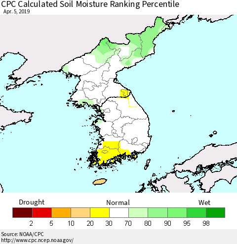 Korea CPC Soil Moisture Ranking Percentile (Leaky Bucket) Thematic Map For 4/1/2019 - 4/5/2019