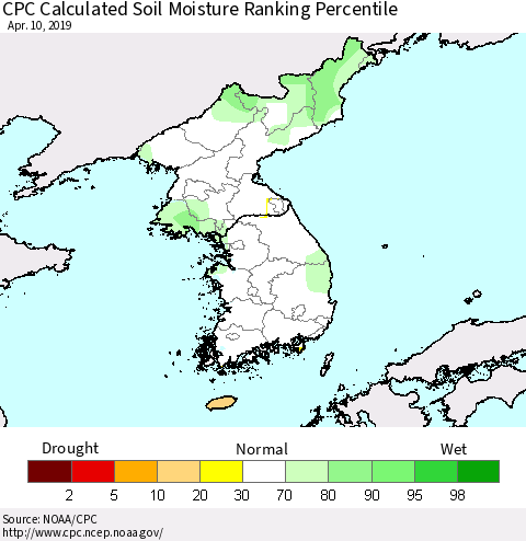 Korea CPC Soil Moisture Ranking Percentile (Leaky Bucket) Thematic Map For 4/6/2019 - 4/10/2019