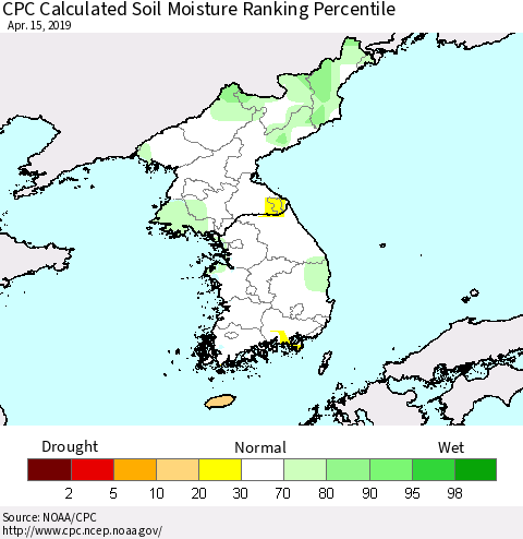 Korea CPC Soil Moisture Ranking Percentile (Leaky Bucket) Thematic Map For 4/11/2019 - 4/15/2019
