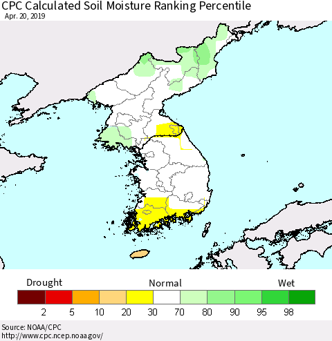 Korea CPC Soil Moisture Ranking Percentile (Leaky Bucket) Thematic Map For 4/16/2019 - 4/20/2019