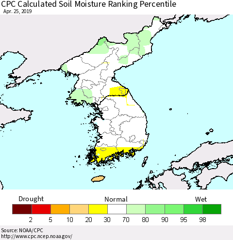 Korea CPC Soil Moisture Ranking Percentile (Leaky Bucket) Thematic Map For 4/21/2019 - 4/25/2019