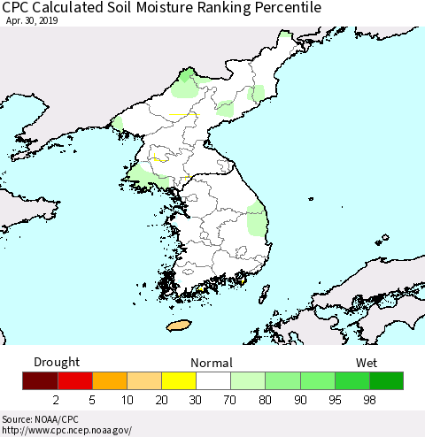 Korea CPC Soil Moisture Ranking Percentile (Leaky Bucket) Thematic Map For 4/26/2019 - 4/30/2019