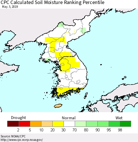 Korea CPC Soil Moisture Ranking Percentile (Leaky Bucket) Thematic Map For 5/1/2019 - 5/5/2019