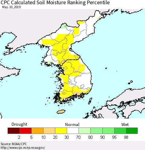 Korea CPC Soil Moisture Ranking Percentile (Leaky Bucket) Thematic Map For 5/6/2019 - 5/10/2019