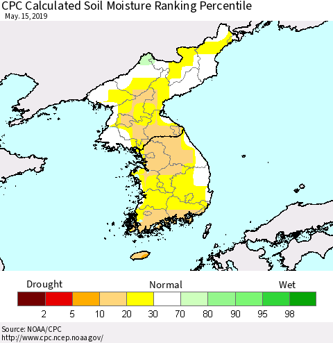 Korea CPC Soil Moisture Ranking Percentile (Leaky Bucket) Thematic Map For 5/11/2019 - 5/15/2019