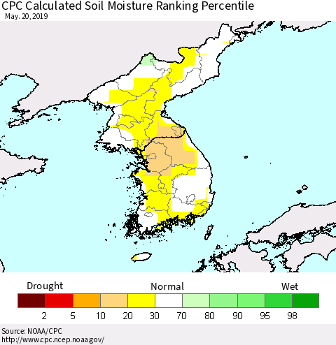 Korea CPC Soil Moisture Ranking Percentile (Leaky Bucket) Thematic Map For 5/16/2019 - 5/20/2019
