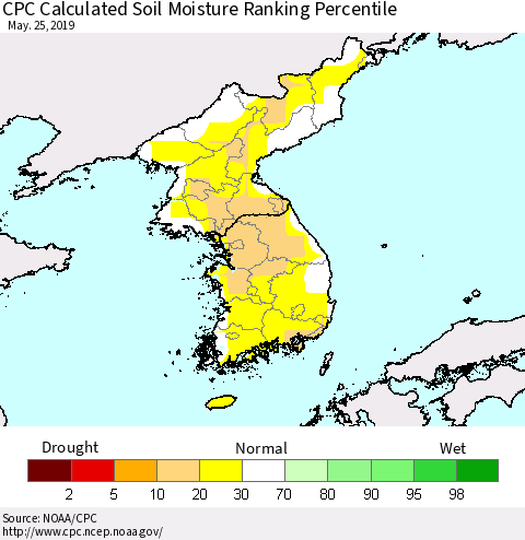 Korea CPC Soil Moisture Ranking Percentile (Leaky Bucket) Thematic Map For 5/21/2019 - 5/25/2019