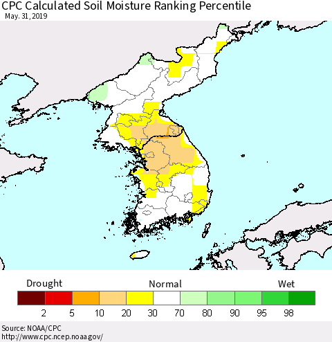 Korea CPC Soil Moisture Ranking Percentile (Leaky Bucket) Thematic Map For 5/26/2019 - 5/31/2019