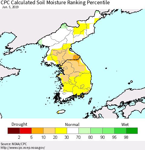 Korea CPC Soil Moisture Ranking Percentile (Leaky Bucket) Thematic Map For 6/1/2019 - 6/5/2019