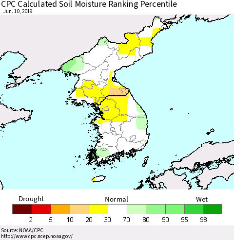 Korea CPC Soil Moisture Ranking Percentile (Leaky Bucket) Thematic Map For 6/6/2019 - 6/10/2019