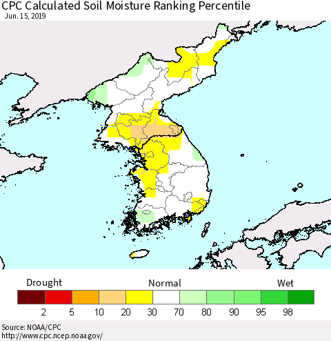 Korea CPC Soil Moisture Ranking Percentile (Leaky Bucket) Thematic Map For 6/11/2019 - 6/15/2019