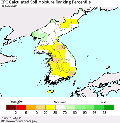 Korea CPC Soil Moisture Ranking Percentile (Leaky Bucket) Thematic Map For 6/16/2019 - 6/20/2019