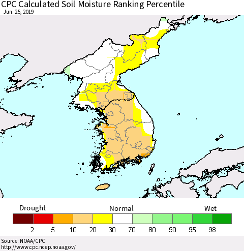 Korea CPC Soil Moisture Ranking Percentile (Leaky Bucket) Thematic Map For 6/21/2019 - 6/25/2019