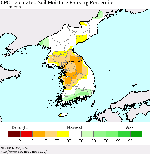 Korea CPC Soil Moisture Ranking Percentile (Leaky Bucket) Thematic Map For 6/26/2019 - 6/30/2019