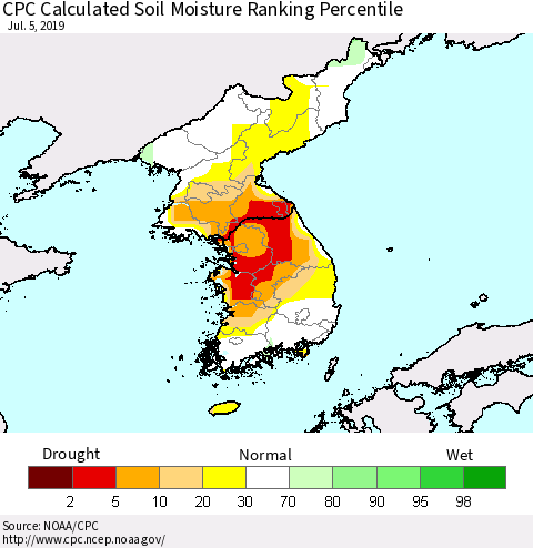 Korea CPC Soil Moisture Ranking Percentile (Leaky Bucket) Thematic Map For 7/1/2019 - 7/5/2019