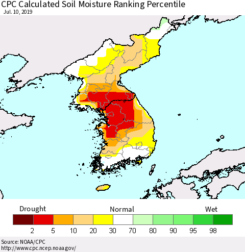 Korea CPC Soil Moisture Ranking Percentile (Leaky Bucket) Thematic Map For 7/6/2019 - 7/10/2019