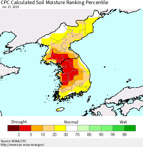 Korea CPC Soil Moisture Ranking Percentile (Leaky Bucket) Thematic Map For 7/11/2019 - 7/15/2019