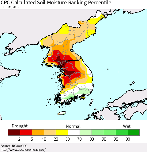 Korea CPC Soil Moisture Ranking Percentile (Leaky Bucket) Thematic Map For 7/16/2019 - 7/20/2019