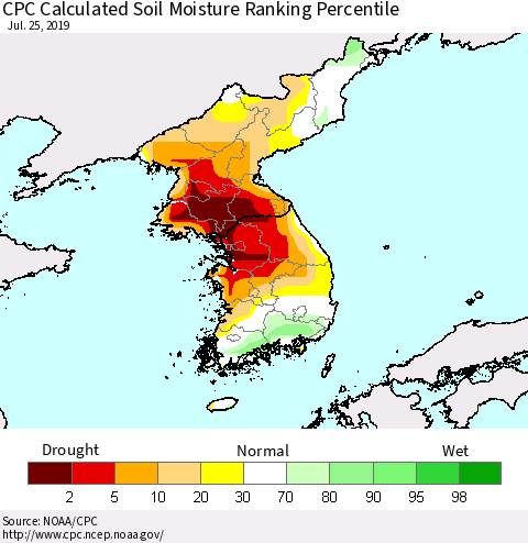 Korea CPC Soil Moisture Ranking Percentile (Leaky Bucket) Thematic Map For 7/21/2019 - 7/25/2019
