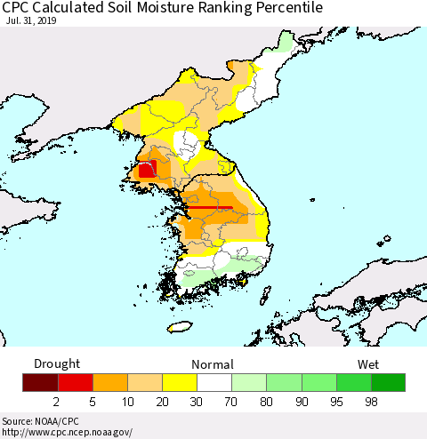 Korea CPC Soil Moisture Ranking Percentile (Leaky Bucket) Thematic Map For 7/26/2019 - 7/31/2019