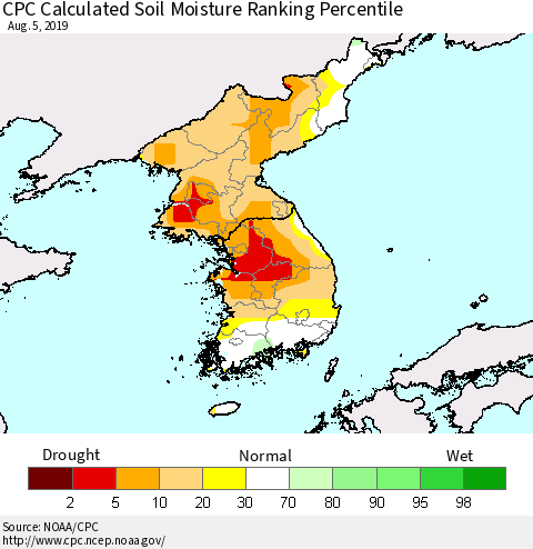 Korea CPC Soil Moisture Ranking Percentile (Leaky Bucket) Thematic Map For 8/1/2019 - 8/5/2019