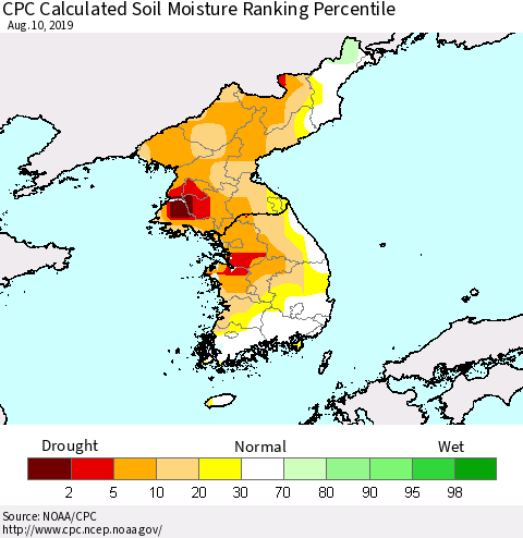 Korea CPC Soil Moisture Ranking Percentile (Leaky Bucket) Thematic Map For 8/6/2019 - 8/10/2019