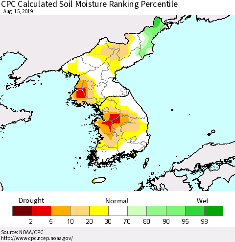 Korea CPC Soil Moisture Ranking Percentile (Leaky Bucket) Thematic Map For 8/11/2019 - 8/15/2019
