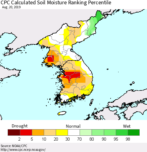 Korea CPC Soil Moisture Ranking Percentile (Leaky Bucket) Thematic Map For 8/16/2019 - 8/20/2019