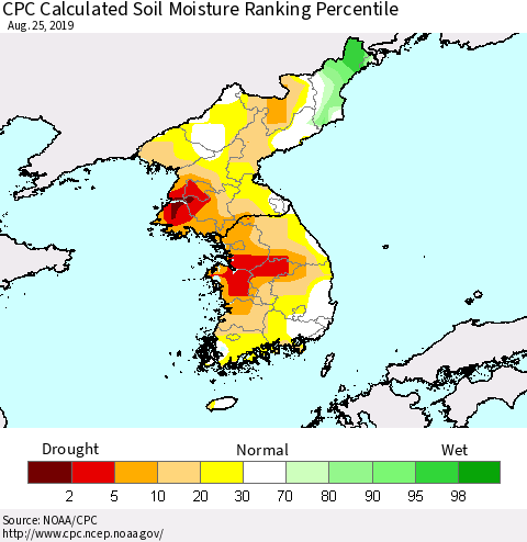 Korea CPC Soil Moisture Ranking Percentile (Leaky Bucket) Thematic Map For 8/21/2019 - 8/25/2019