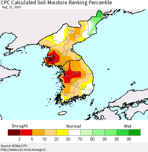 Korea CPC Soil Moisture Ranking Percentile (Leaky Bucket) Thematic Map For 8/26/2019 - 8/31/2019