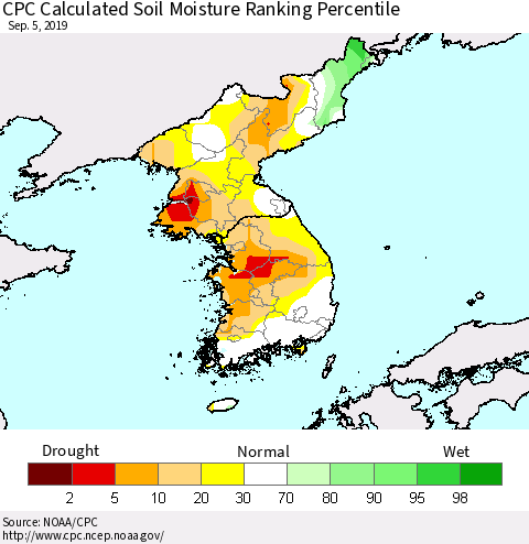 Korea CPC Calculated Soil Moisture Ranking Percentile Thematic Map For 9/1/2019 - 9/5/2019