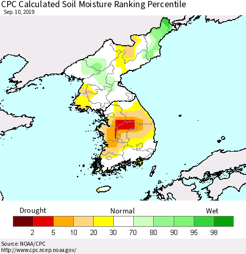 Korea CPC Calculated Soil Moisture Ranking Percentile Thematic Map For 9/6/2019 - 9/10/2019
