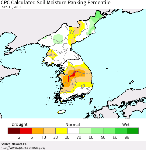 Korea CPC Soil Moisture Ranking Percentile (Leaky Bucket) Thematic Map For 9/11/2019 - 9/15/2019