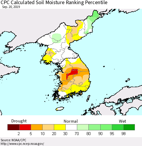 Korea CPC Calculated Soil Moisture Ranking Percentile Thematic Map For 9/16/2019 - 9/20/2019