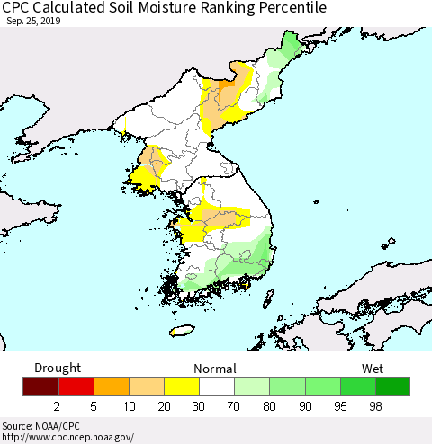 Korea CPC Calculated Soil Moisture Ranking Percentile Thematic Map For 9/21/2019 - 9/25/2019