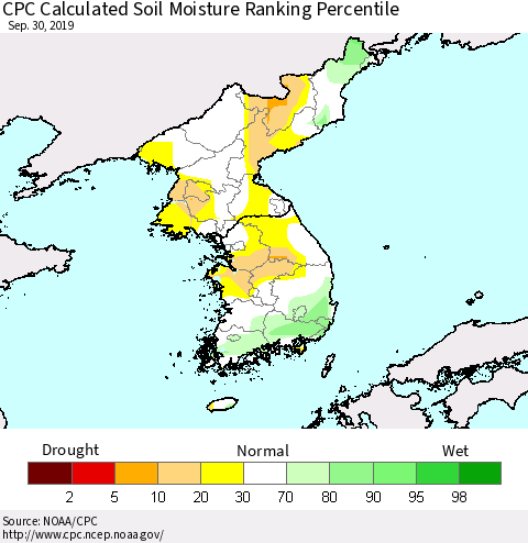 Korea CPC Calculated Soil Moisture Ranking Percentile Thematic Map For 9/26/2019 - 9/30/2019