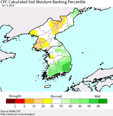 Korea CPC Calculated Soil Moisture Ranking Percentile Thematic Map For 10/1/2019 - 10/5/2019