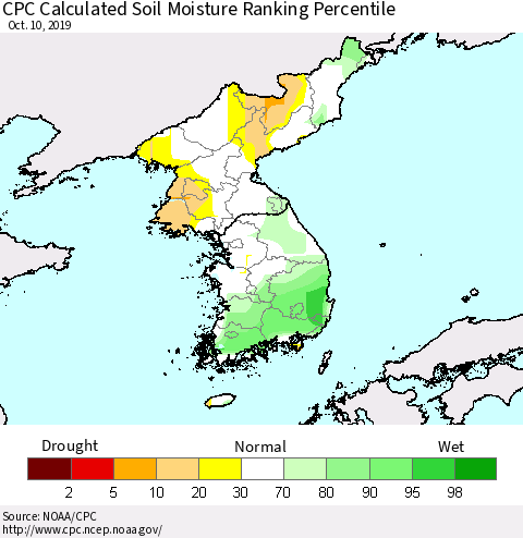Korea CPC Soil Moisture Ranking Percentile (Leaky Bucket) Thematic Map For 10/6/2019 - 10/10/2019