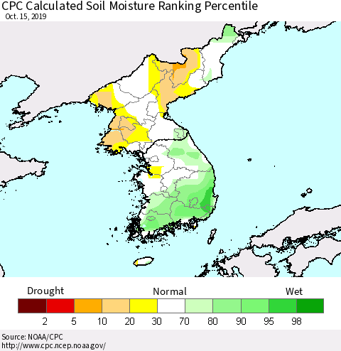 Korea CPC Calculated Soil Moisture Ranking Percentile Thematic Map For 10/11/2019 - 10/15/2019