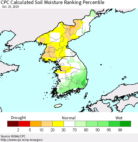 Korea CPC Soil Moisture Ranking Percentile (Leaky Bucket) Thematic Map For 10/21/2019 - 10/25/2019