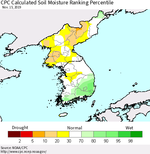 Korea CPC Calculated Soil Moisture Ranking Percentile Thematic Map For 11/11/2019 - 11/15/2019