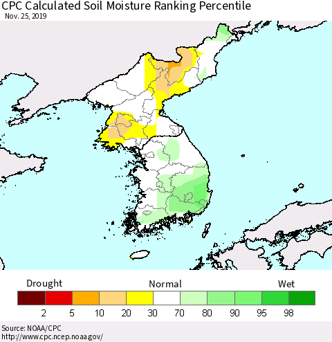 Korea CPC Soil Moisture Ranking Percentile (Leaky Bucket) Thematic Map For 11/21/2019 - 11/25/2019